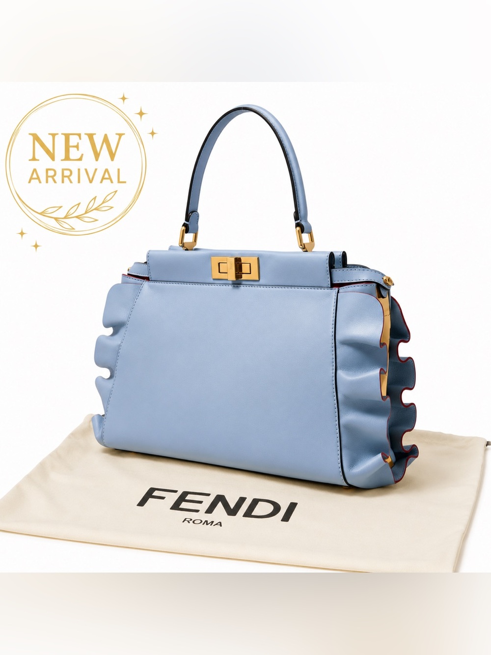 🆕✨ Peekaboo Ruffle Leather Tote Bag – Light Blue ✨